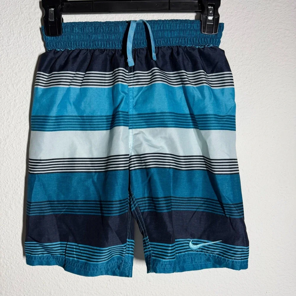 Nike Just‎ Do It Trunks Shorts Boys Teal Blue Striped Drawstring Beach Swimwear